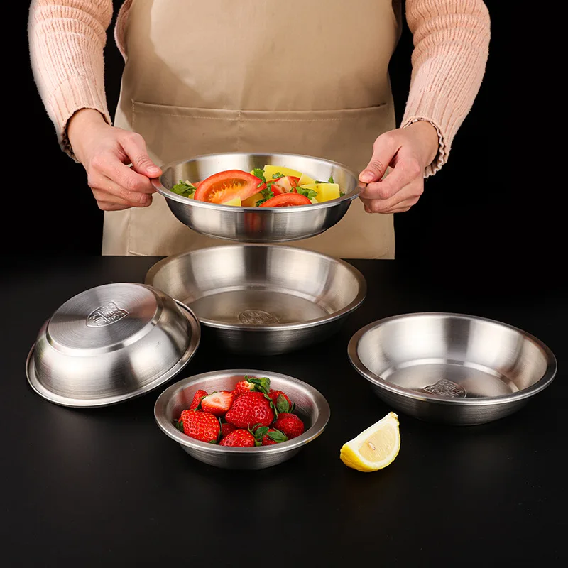 304 Stainless Steel Round Basin Household Kitchen Multi-function Soup Plate Dessert Dish Salad Container Cooking Tool 14-22cm