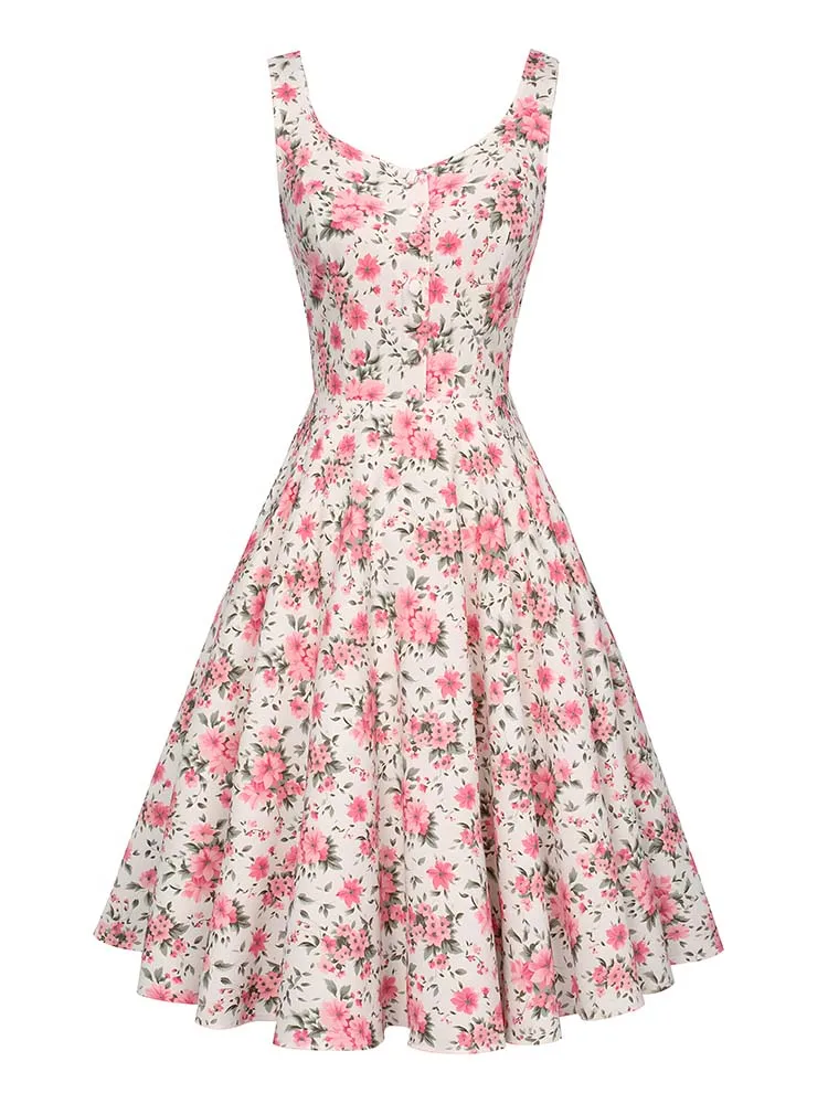 Sleeveless Spaghetti Strap Floral Print Summer Dress Women Elegant Vintage 50s Party Dresses