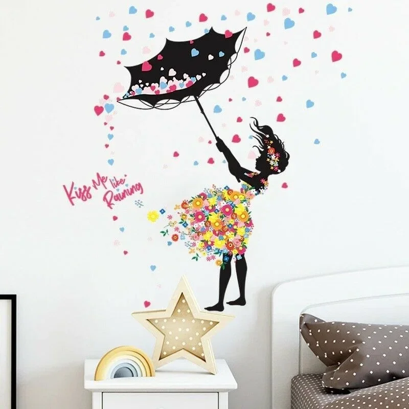 Cute Umbrella Flowers Girl Wall Stickers For Kids Room Bedroom Home Mural Decals