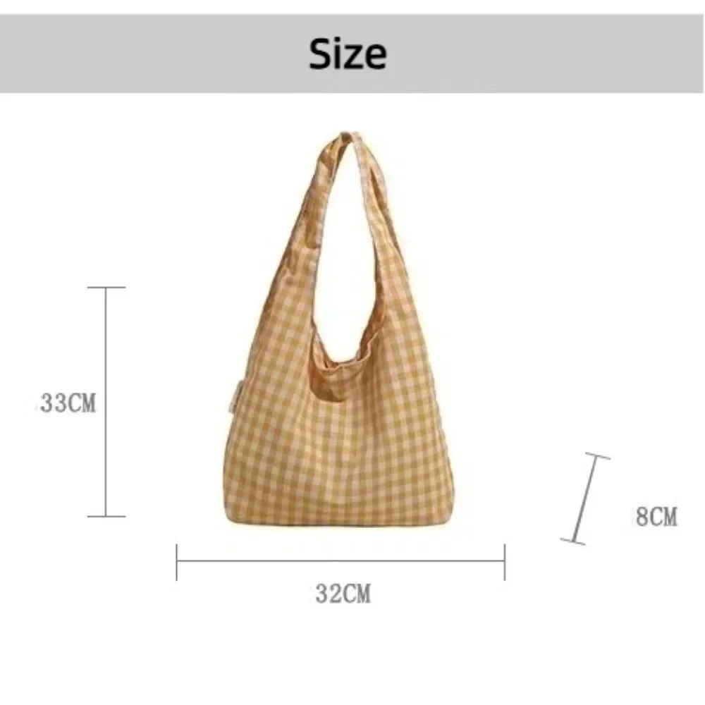 Lässige koreanische karierte Canvas-Tragetasche, Freizeit-Reise-Einkaufstasche, Doppelgriff-Schulterhandtasche für Jugendliche, Pendler und Studenten – Detail 1