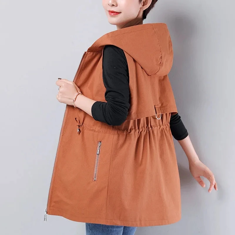 2026 Spring Autumn New Hooded Vest Jacket Fashion Loose Slim Solid Color Medium Length Coat Women's Casual Zipper Waistcoat