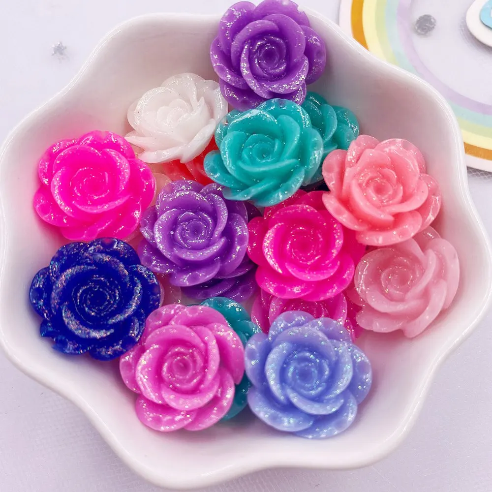 Resin 18mm Glitter Rose Flatback Big Flower Rhinestone Gems 10Pcs Figurines Scrapbook DIY Home Ornaments Applique Crafts OF578 L