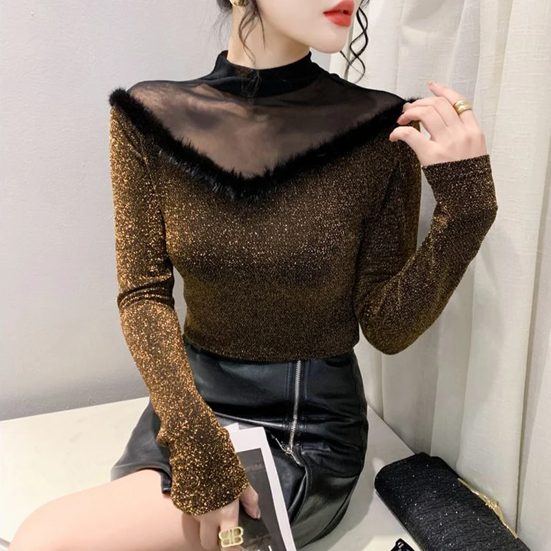 Women Clothing Stylish Sexy See Through Mesh Patchwork Basic T-shirt Elegant Bright Silk Half High Collar Long Sleeve Slim Tops