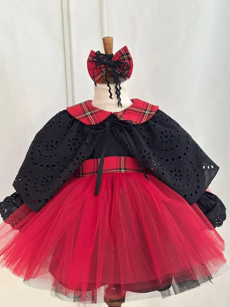 Flower Girls Dress  Baby First Christmas Dress : Red Plaid Velvet Tulle Outfit , Handmade for Wedding Party