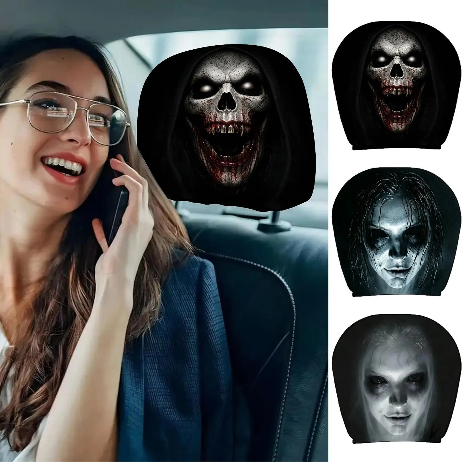 Scary Headrest Covers For Cars 2 Pieces Funny Scary Ghost Face Halloween Decor Seasonal Headrest Car Seat Cover For Truck SUV RV