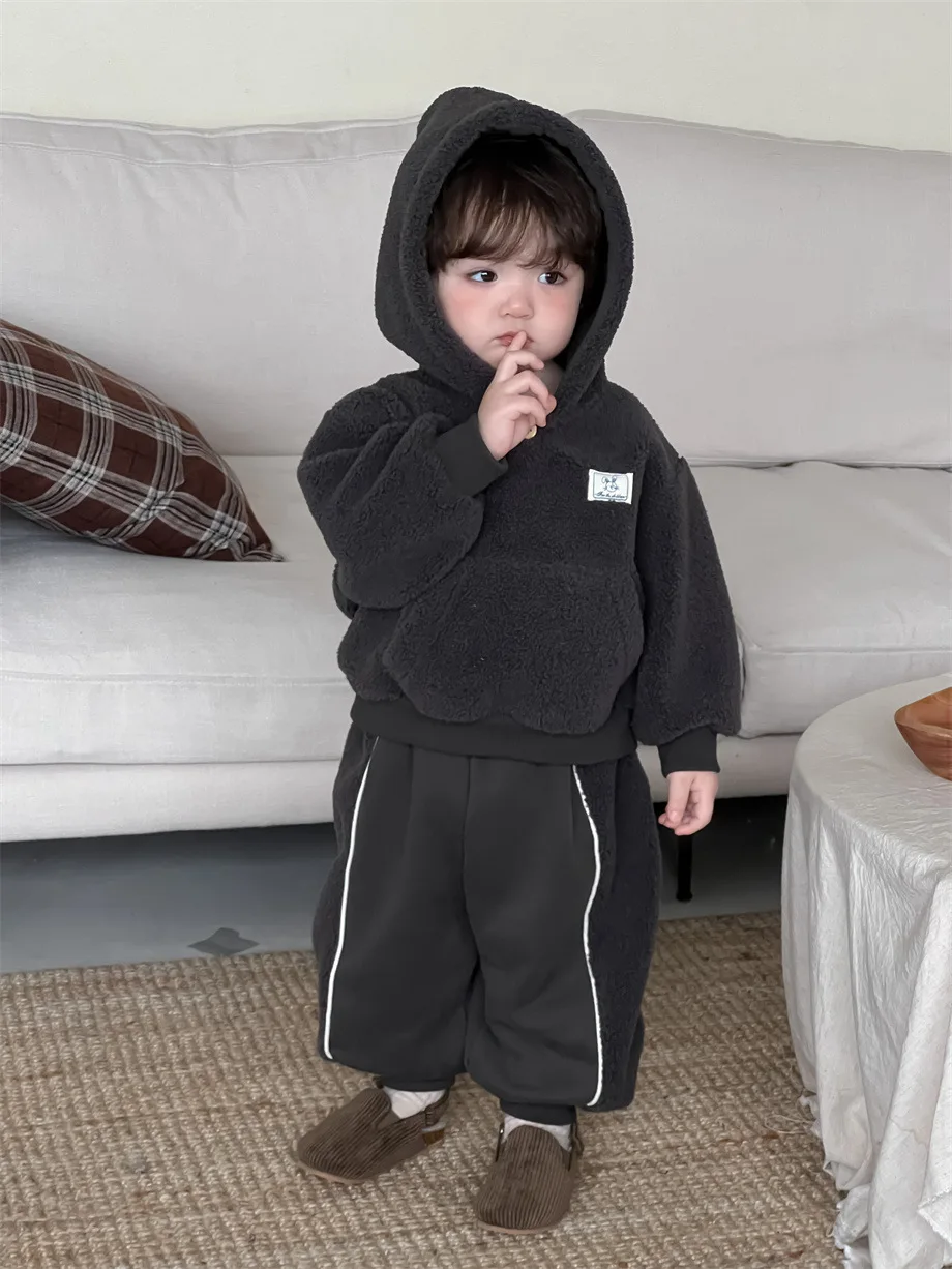 2024 Winter New Baby Boys Fleece Hooded Sweatshirt + Pants 2pcs Suit Infant Plus Velvet Thick Warm Clothes Set Toddler Outfits