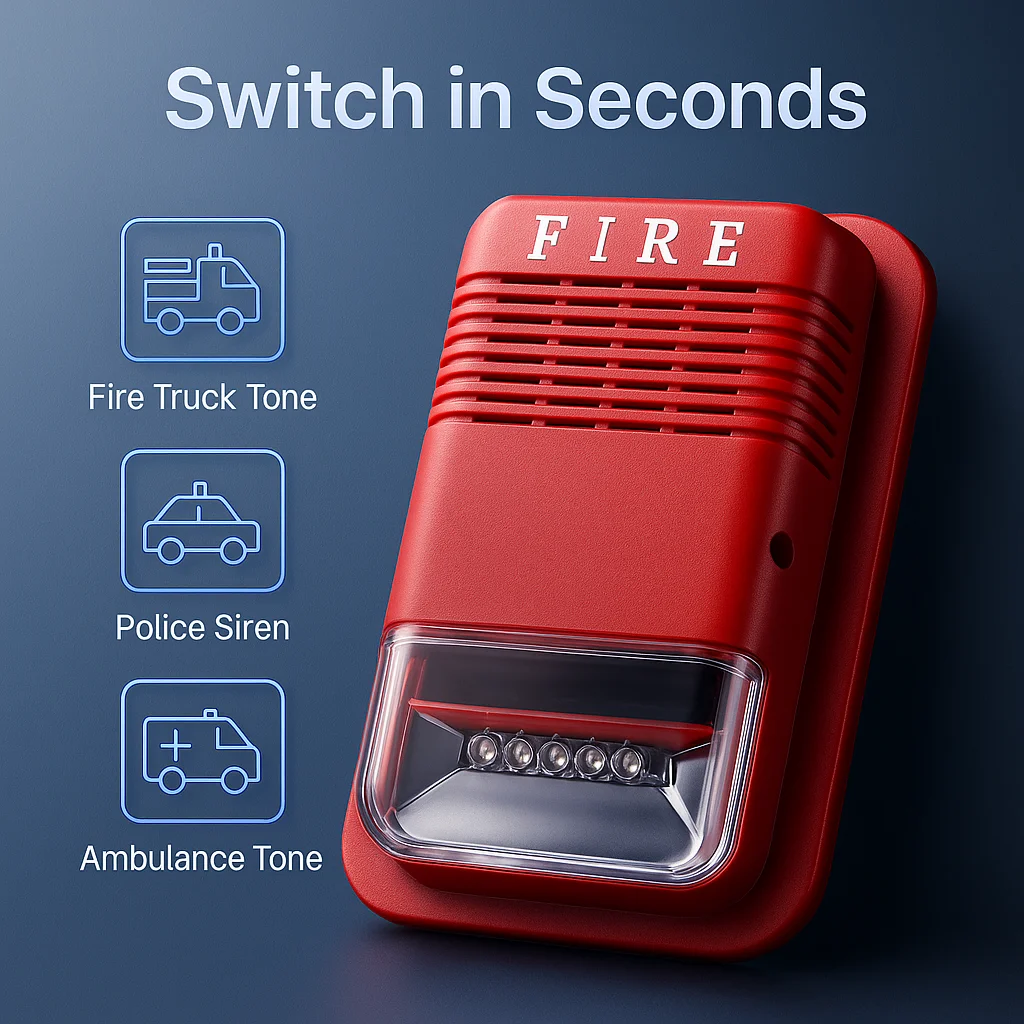 

Сирена пожарной сигнализации 120 дБ со светодиодом высокой яркости · Широкое напряжение 12–24 В постоянного тока · Неполяризованная проводка · Быстрая установка для проектов