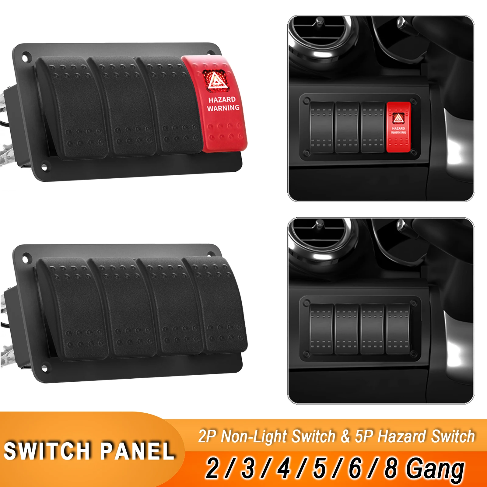 2/3/4/5/6/8 Gang 2P ON/OFF Marine Rocker Switch Panel With 5P ON OFF Red Hazard Warning Rocker Switch For Car Marine Boat Truck