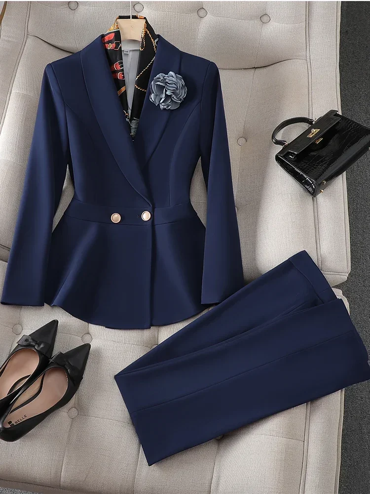 Blazer e calças femininas com plissado fino, conjunto formal de duas peças, calça azul e branca, moda elegante de trabalho para senhoras, nova para outono