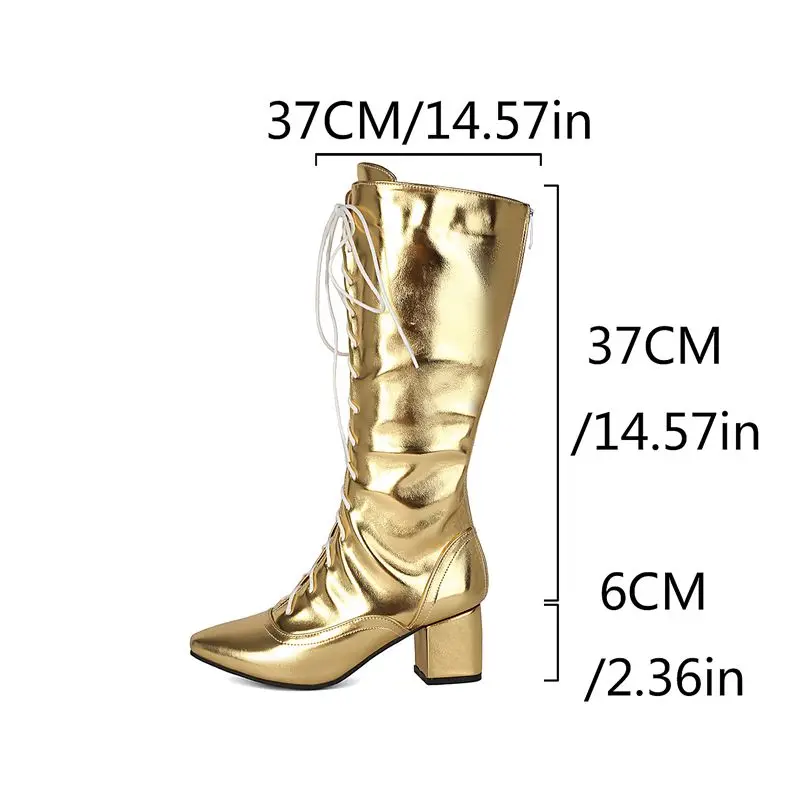 REAVE CAT Gold Women Knee High Boots Pointed Toe 6cm Block Heel Zipper Lace Up Small Big Size 32 33 43 Leisure Daily Long Botas