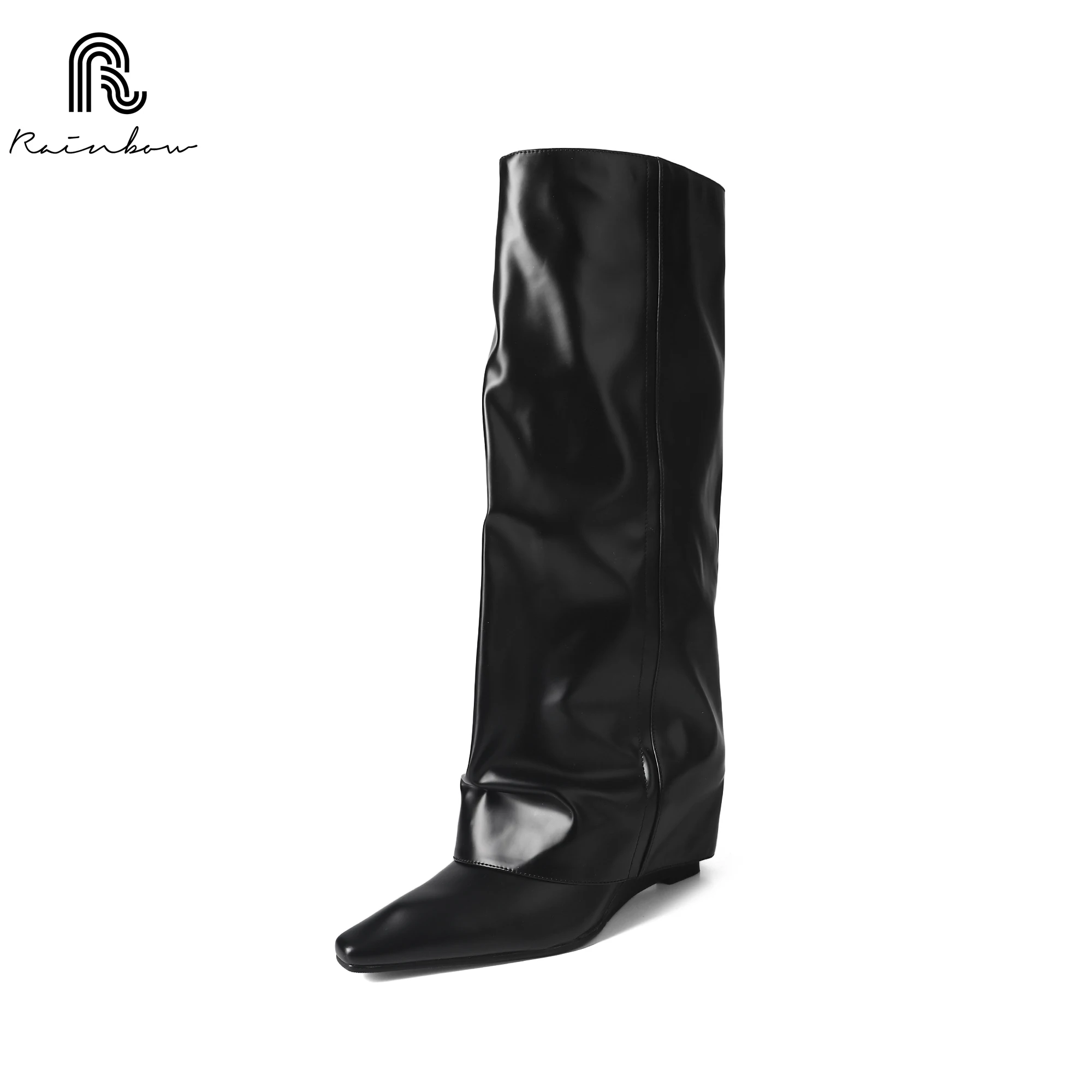 RAINBOW 34-42 NEW Women Knee High Long Boots Fold Over Soft Leather Pointy Wedges Heels Shoes Fall Winter 2025 Wide Calf Lady