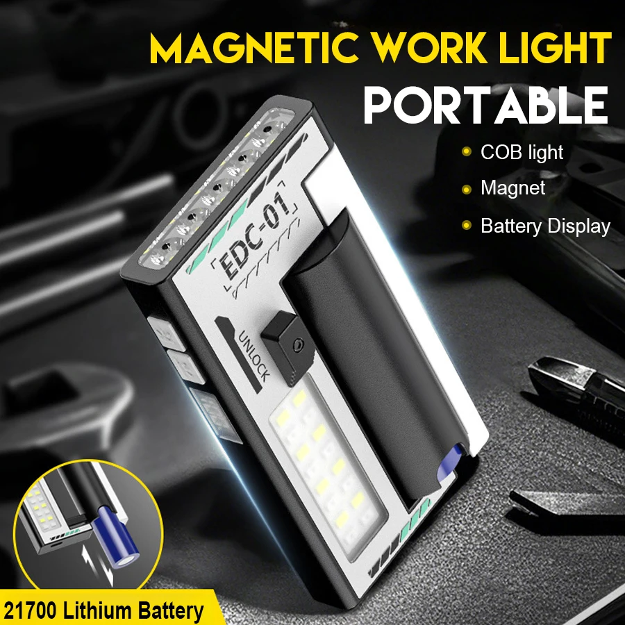 Portable Super Bright LED COB Dual Light Source EDC Work Light 6 Modes Magnetic Rechargeable Emergency Lamp With Digital Display