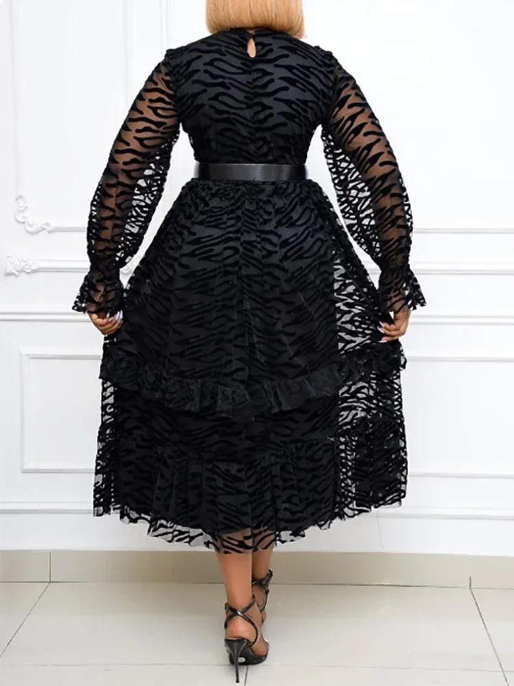 

Women Dresses 2024 Big Size Elegant Retro A Line Dress Long Sleeve See Through Mesh Velvet Party Prom Outfits for Spring Summer