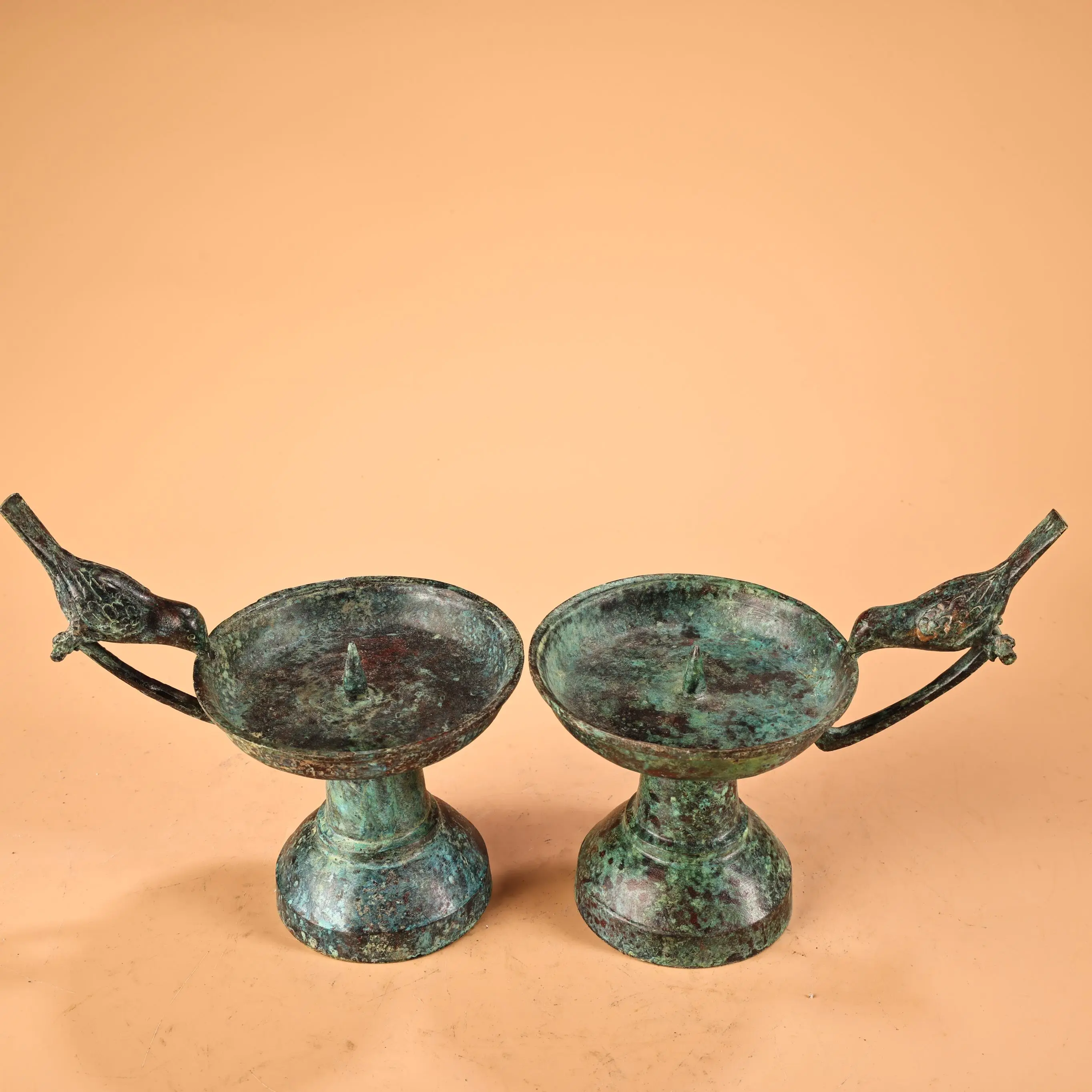 Tibet Folk Old Bronze Ware Verdigris Bird Statue Lotus Flower Candle holder Candlestick A Pair Amass wealth Ornaments