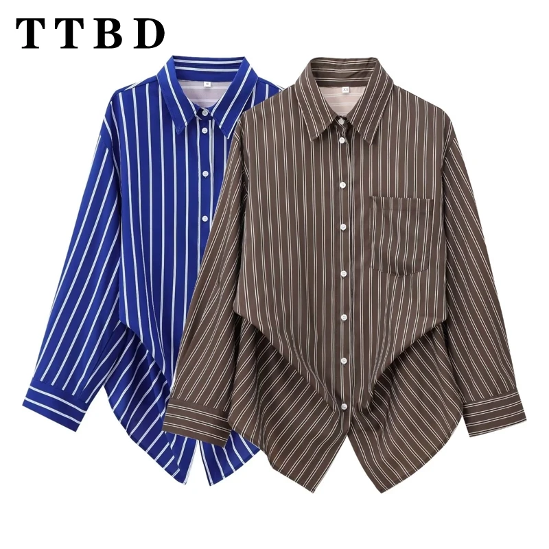 TTBD 2024 New Autumn Woman\'s Casual Single-breasted Long Sleeve Striped Shirt Coat Female Vintage Turn-down Collar Top Jacket