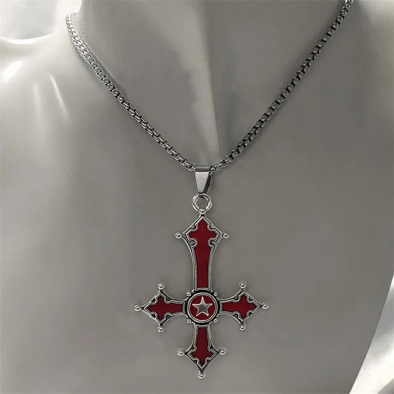 Vintage Red Bloody Inverted Cross Stainless Steel Necklace  Gothic Cross Pendant Necklace Devil Lucifer Satan Satanic Jewelry