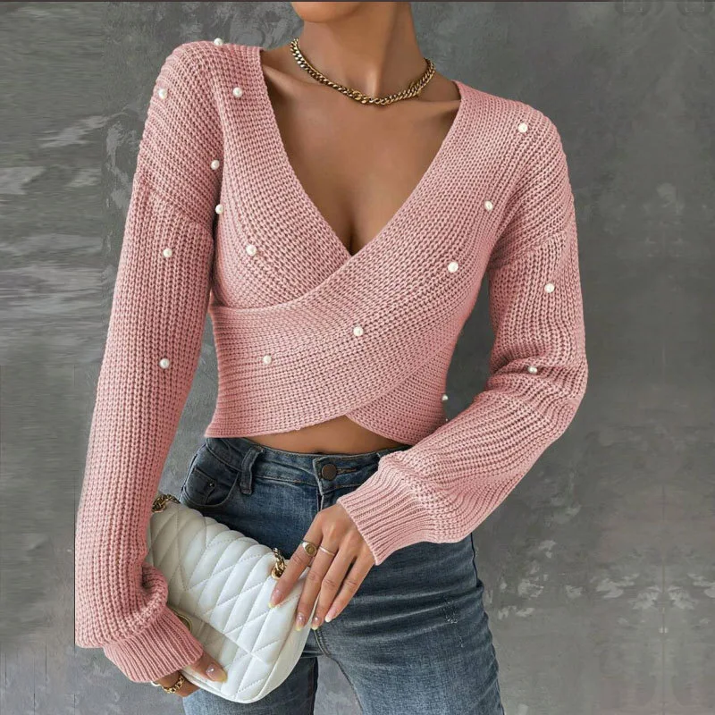 

Fall 2025 New Women's Sweater Versatile Nail Bead One-shoulder Slim Long-sleeved Knitted Sweater for Women