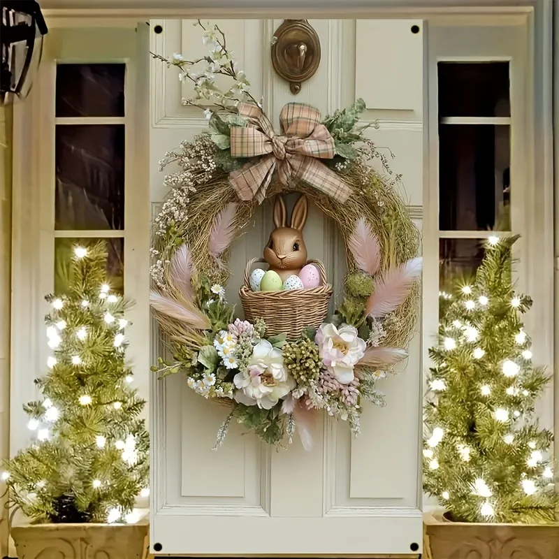 1Pc Easter Bunny Flower Basket Wreath Door Hanging Light Pink Pastoral Style Floral Decoration Wreath Door Curtain Holiday Home Store Door Hanging Hanging Ornament for Atmosphere Decoration