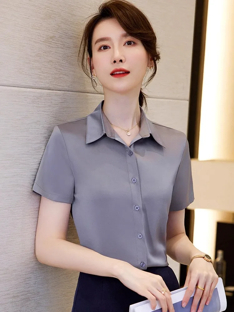 Gray Professional Short Sleeve Shirt Women's Formal Thin New Summer Front Desk Work Uniform Shirt Set OL Style Slim Fit Butto...