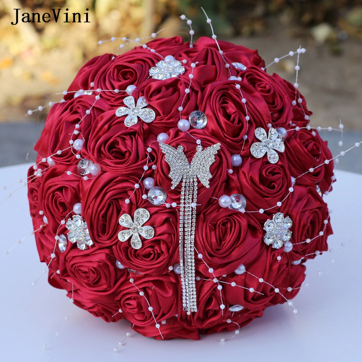 JaneVini-Bouquets de Patients Papillon Diamant Bordeaux, Satin Artificiel, Perles Poubelles, Bouquet de Mariée, Fleurs, Accessoires de Mariage, Nouveau