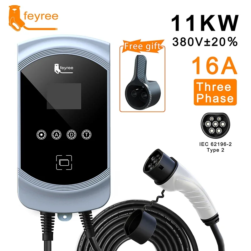 feyree Type2 EV Charger EVSE Wallbox 32A 7.6KW with IEC62196-2 Adapter Wallmount Charging Station 5m Cable for Electric Vehicle