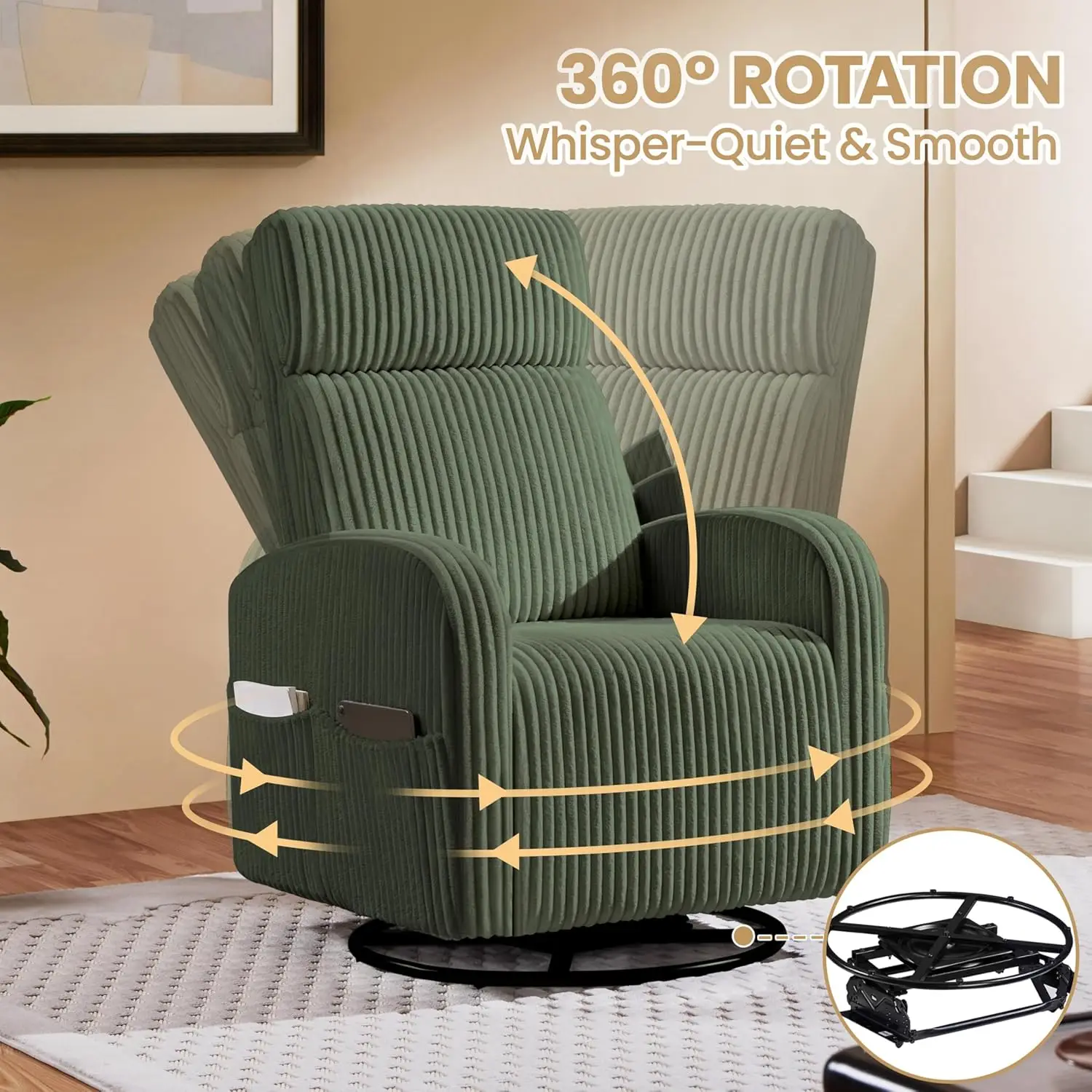 360 ° GirevoleGliderChair NurseryRockingChair Sedia da allattamento Tasche laterali Velluto a coste Soggiorno Schienale alto Verde scuro