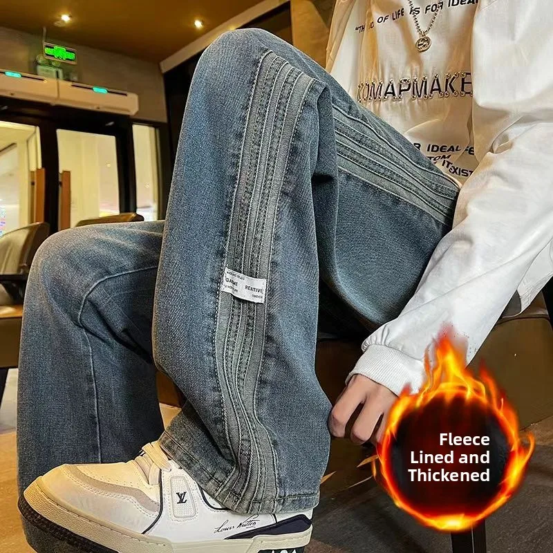 

Мужские джинсы Fce с подкладкой, свободного кроя, прямые, из тонкого денима, зимние повседневные длинные брюки, американский ретро-стиль, осень 2024...