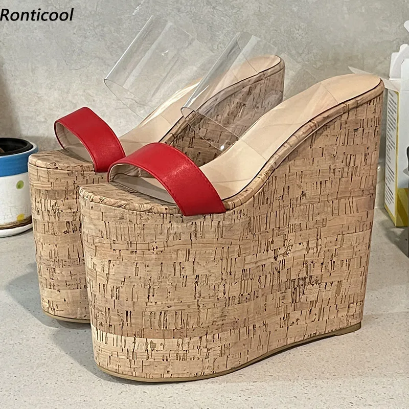 

Ronticool Handmade Women Summer Mules Sandals Wedges High Heels Round Toe Red Street Shoes US Plus Size 4-15