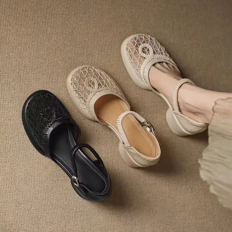 

Женские босоножки на толстом каблуке в сетку, новинка 2023 года, летние туфли на полой одинарной платформе с пряжкой одного слова, туфли-фонарики с круглой головкой