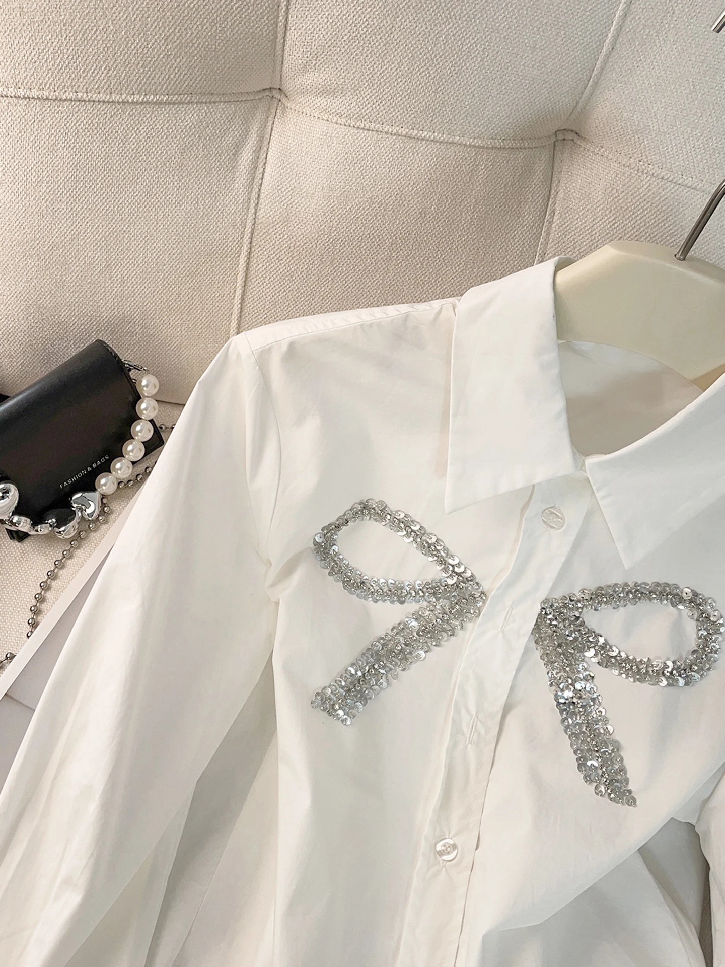 Ele White Long Sve Damen Irt Knot Pailletten High End Faion Herbst Winter New Sle Commute Sle Straight...