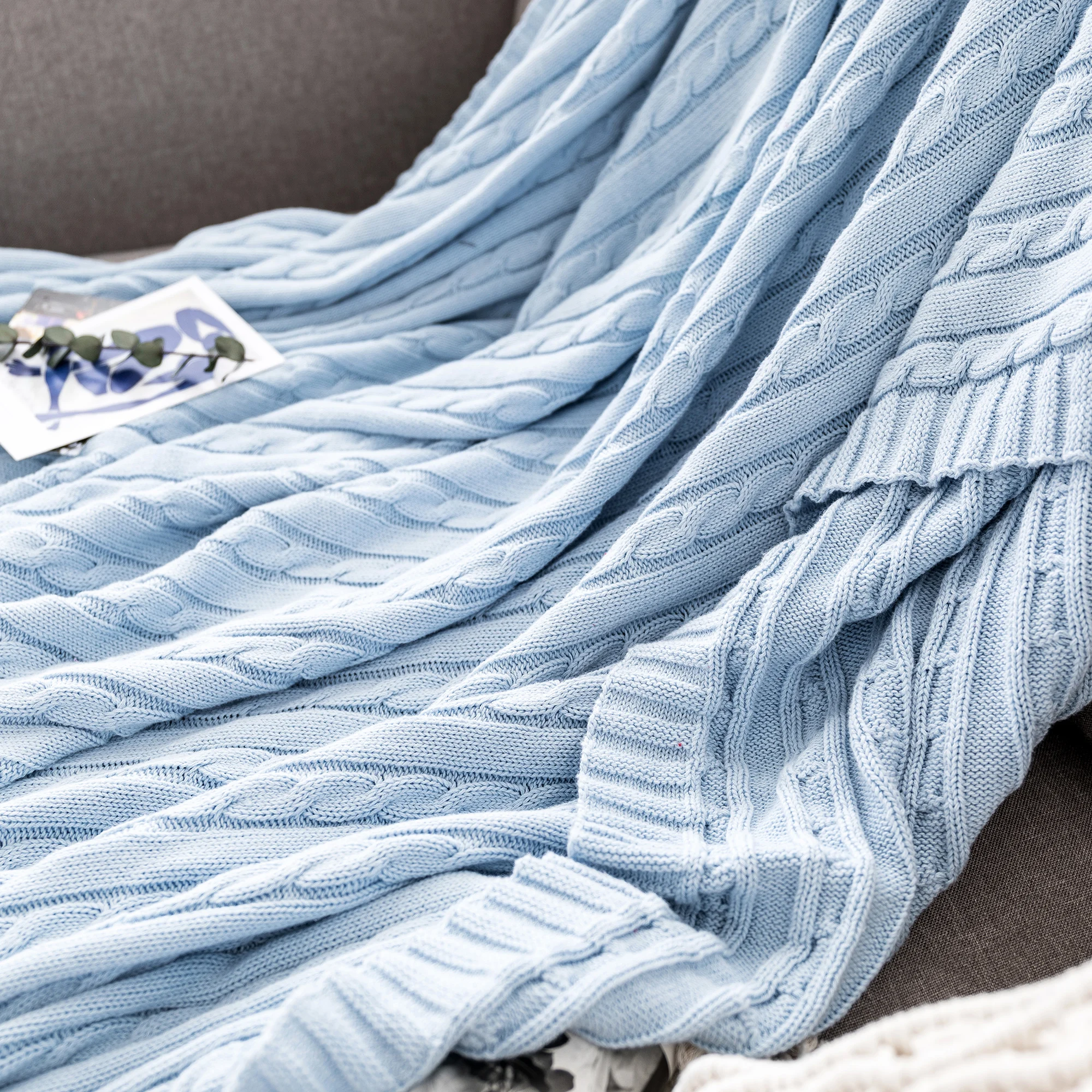 Battilo Cotton Knitted Throw Blanket Soft Cozy Cable Knit Sofa Throws Large Heavyweight Decorative Blanket for Twin Queen Bed