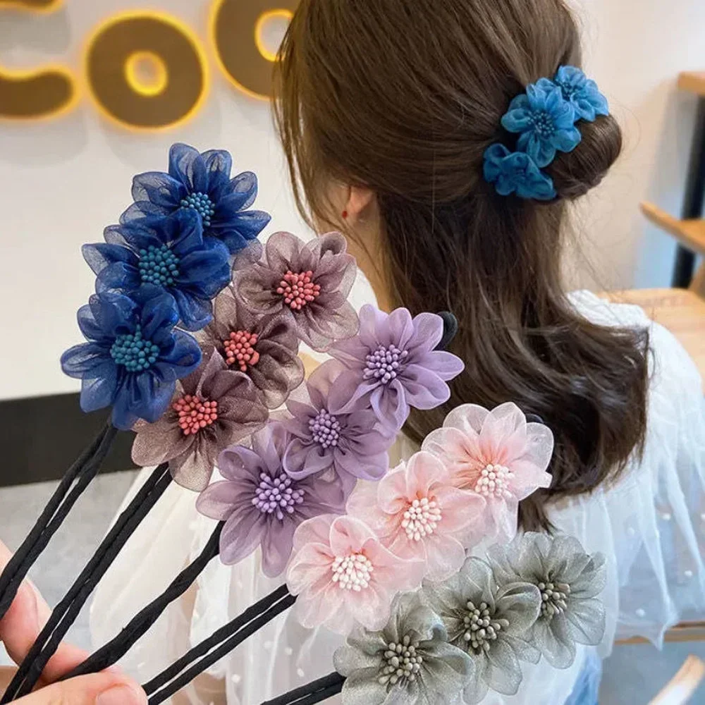 Heallor Elegant Bud Chiffon Flowers Bun Maker Maruko Hairstyles Making Long Tools Sweet Headband Hairbands Korean Women Hair Acc