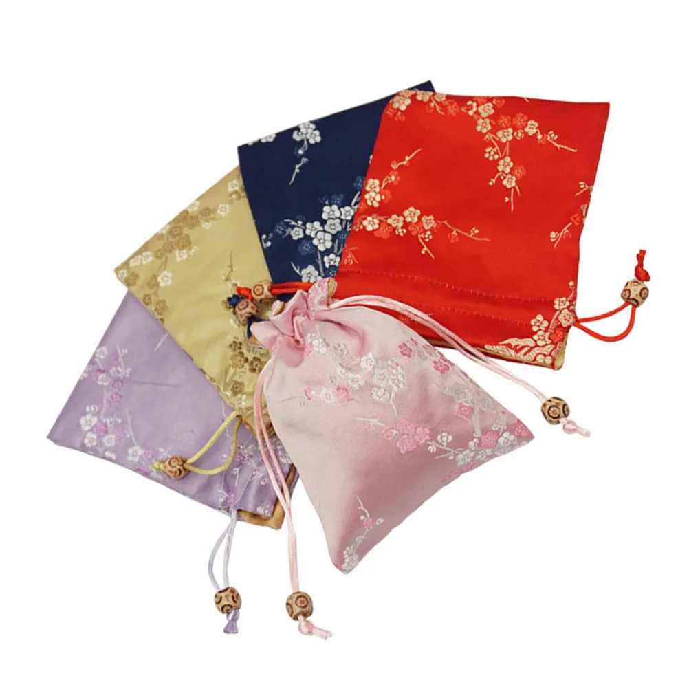 

5 шт. сумки для ювелирных изделий из парчовой ткани, красные дорожные мини-мешочки для хранения безделушек, подарков, пылезащитные, с двойным шнурком, с узором сливы