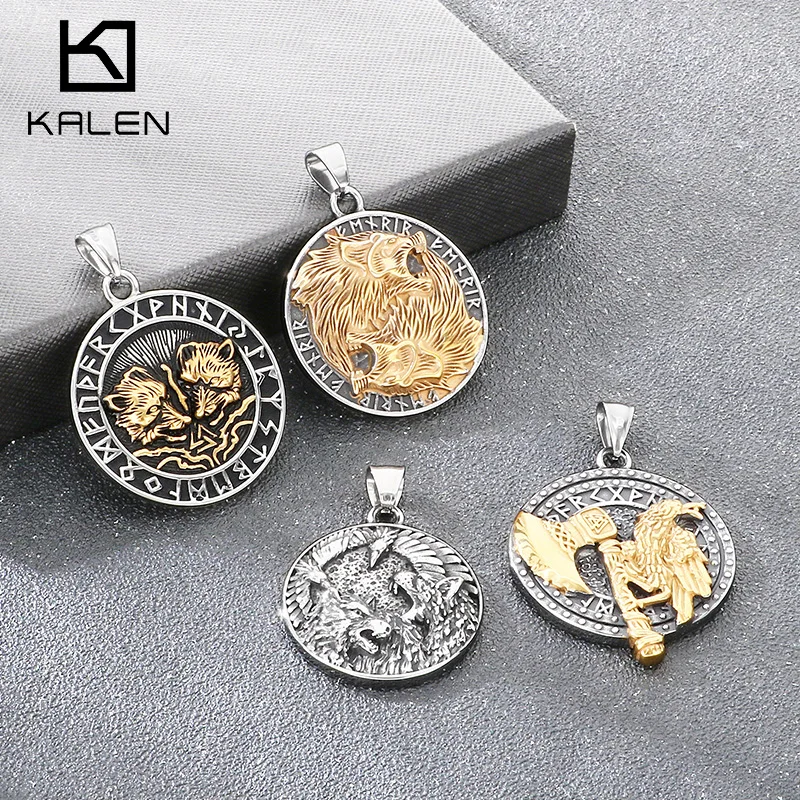 Kalen Retro, Bold Wolf Raven Stainless Steel Men's Pendant Necklace Viking Mythology Battle Axe Raven Totem Accessories Jewelry