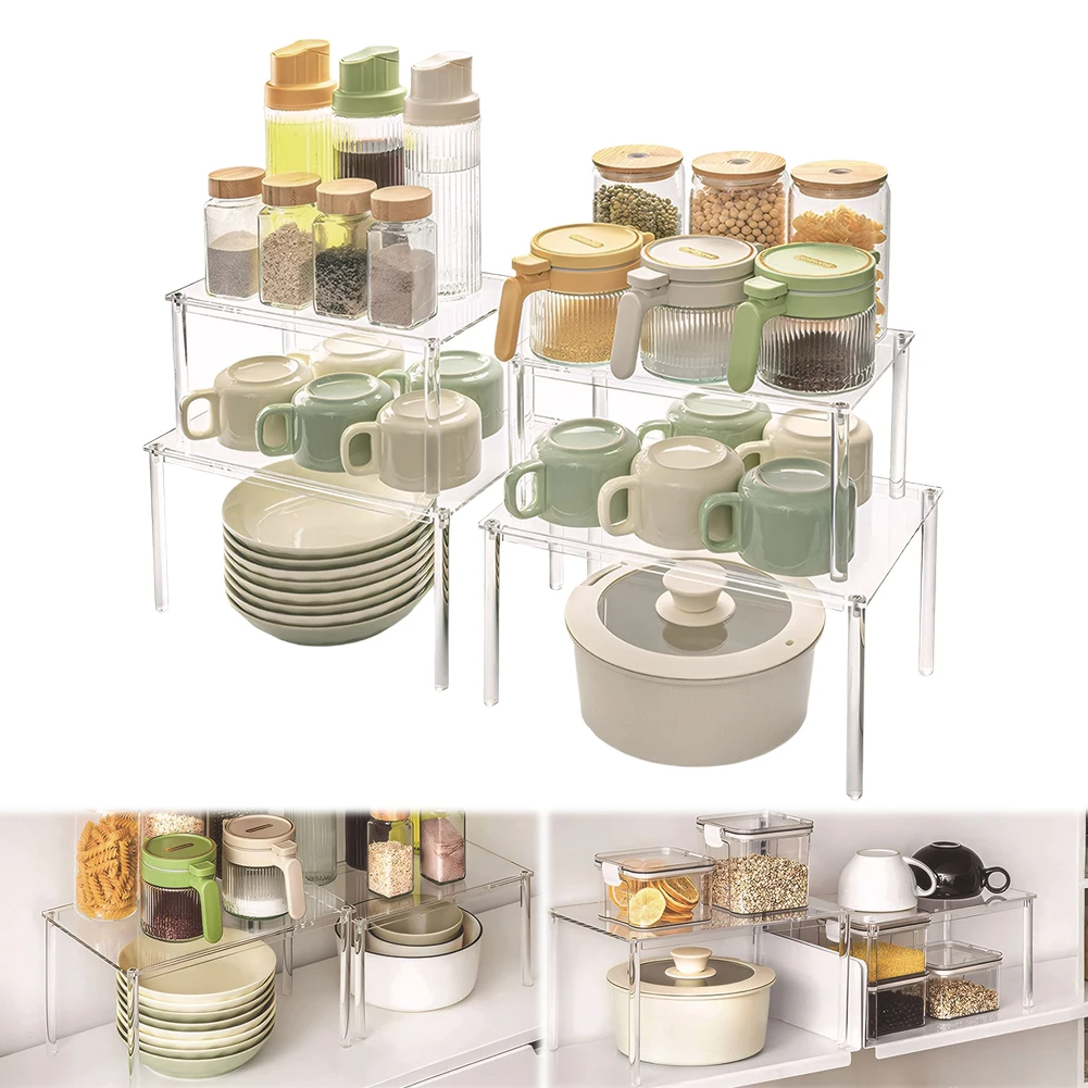 

4 Pack Clear Acrylic Cabinet Organizer Shelf Organizer Kitchen Counter Shelves Organizer for Dishes Spices Soda Cans and Bottles