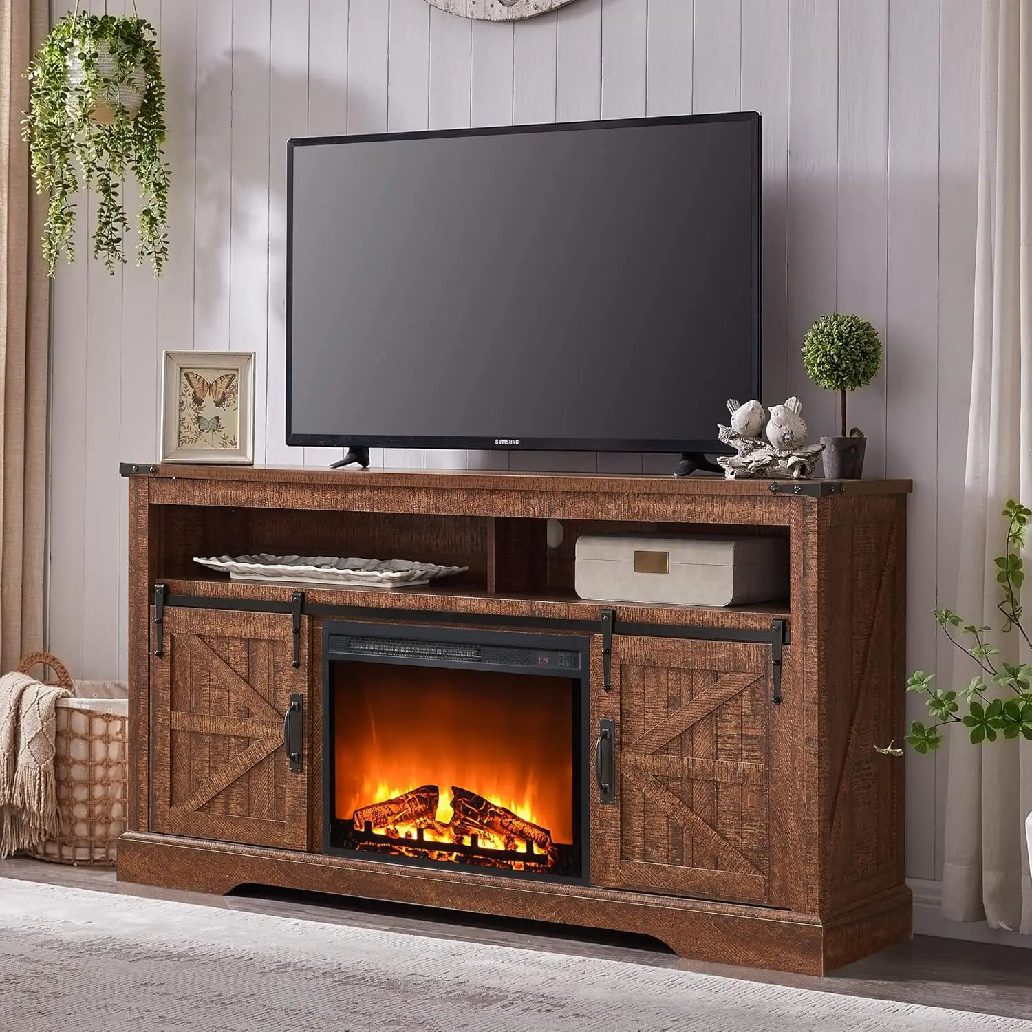 

Fireplace TV Stand for 65+ Inch TV, 33" Tall Highboy Farmhouse Entertainment Center w/ 23'' Electric Fireplace, Media Console