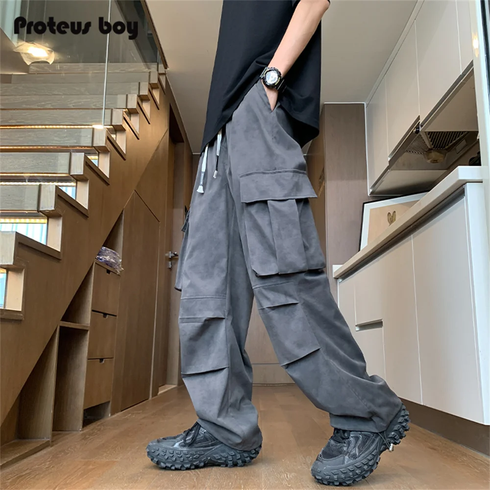 

ProteusBoy American Retro Dyed Pleated Outdoor Sports Casual Straight Dstring Dir Workwear Pants Loose Fit High Waist Lo...