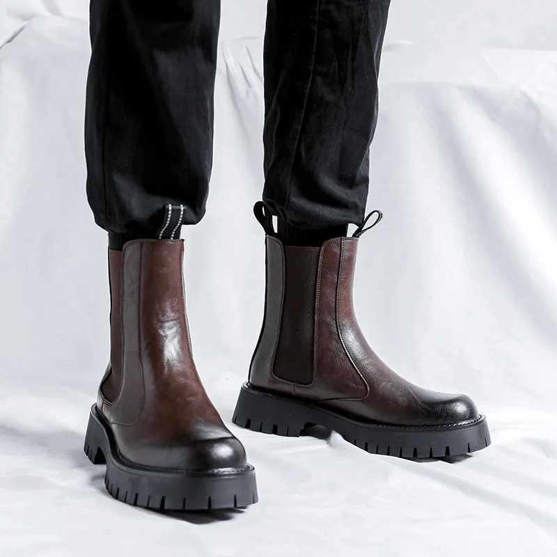 

men's boots luxury fashion genuine leather shoes stage nightclub cowboy high top chimney boot platform long chelsea botas hombre