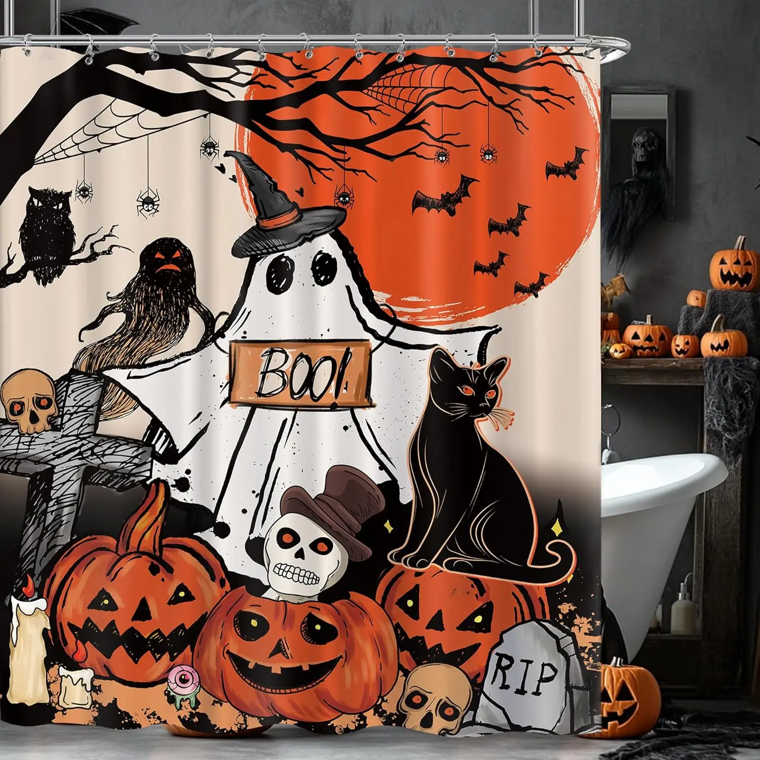 

Funny Halloween Ghost Spooky Cat Pumpkin Witchy Shower Curtain for Bathroom Bat Bathtub Decor