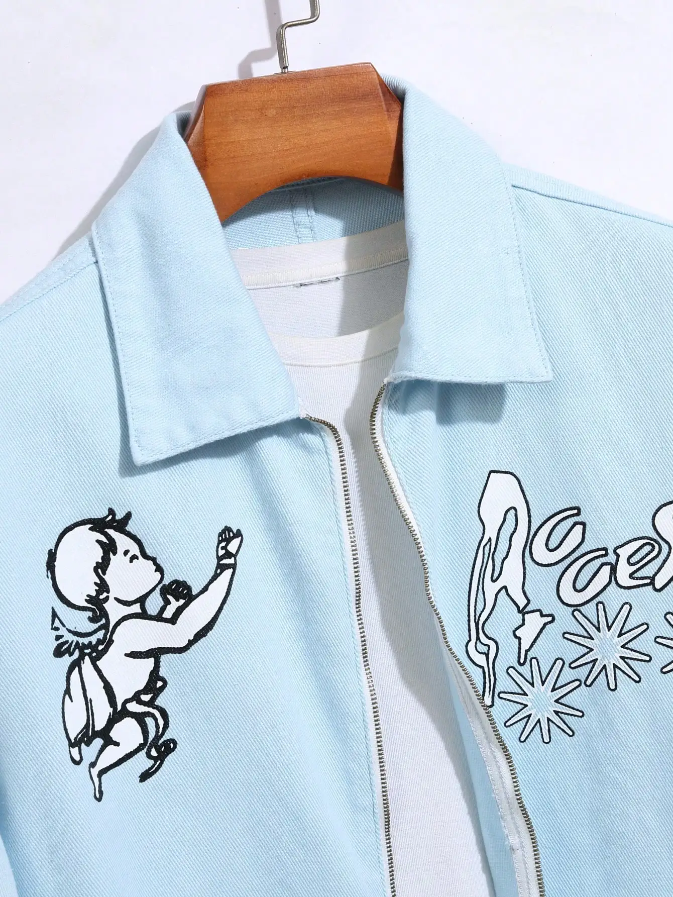 Men Baggy Denim Jacket Angel Graffiti Graphic Print Zip Up Turn Down Collar Coat Streetwear Punk Hip Hop Casual Outerwear