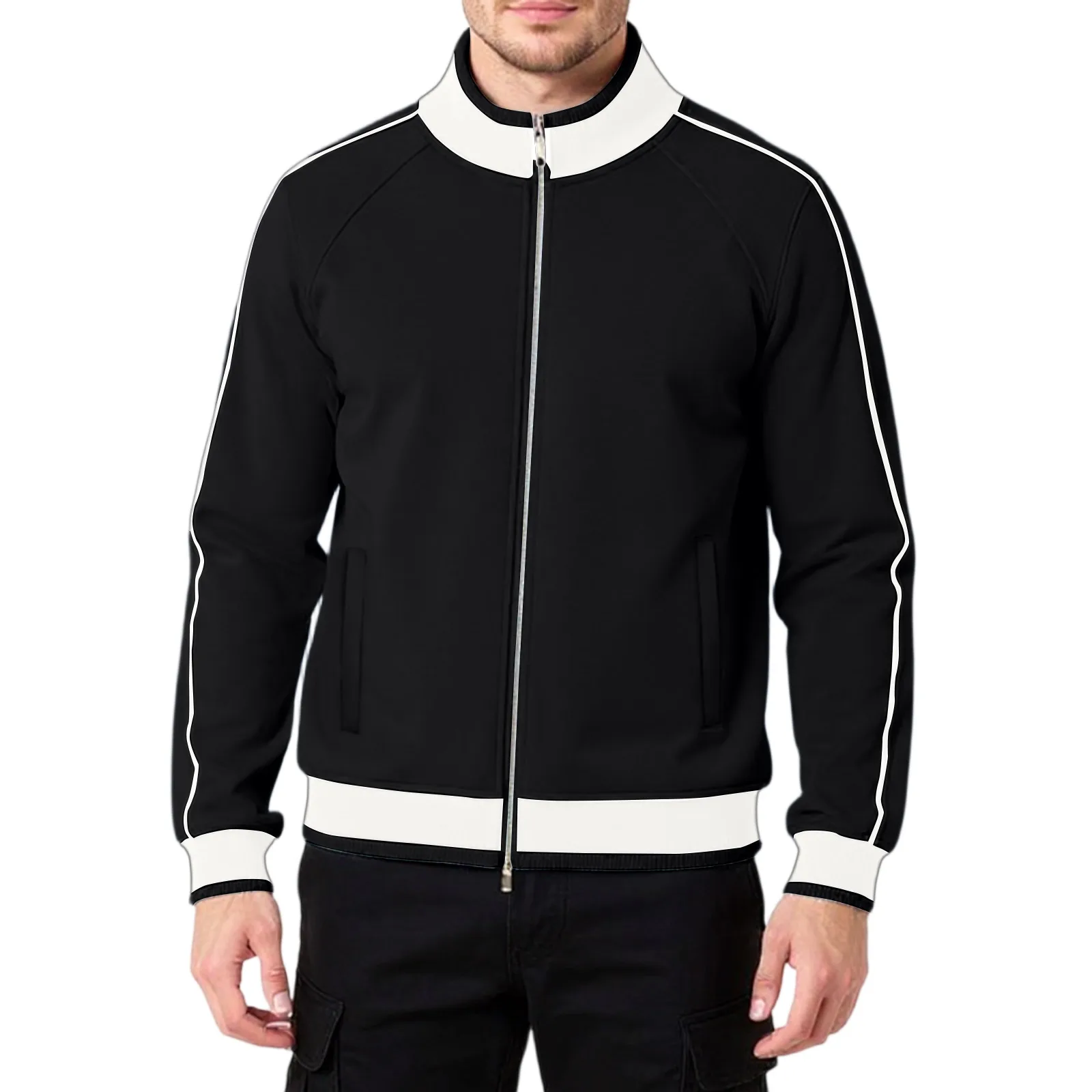 

Men's Zipper Clothing Striped Cardigan Sweater Knitted Casual Coats Fashionable Turtleneck Autumn Winter Contrast Color Tops