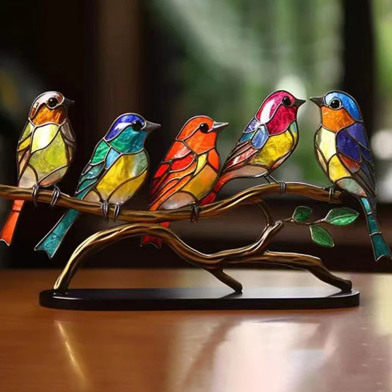 1/2/3pcs Stained Acrylic Birds on Branch Desktop Ornaments, Double Sided Multicolor Style Birds Craft Statue Desktop Ornaments