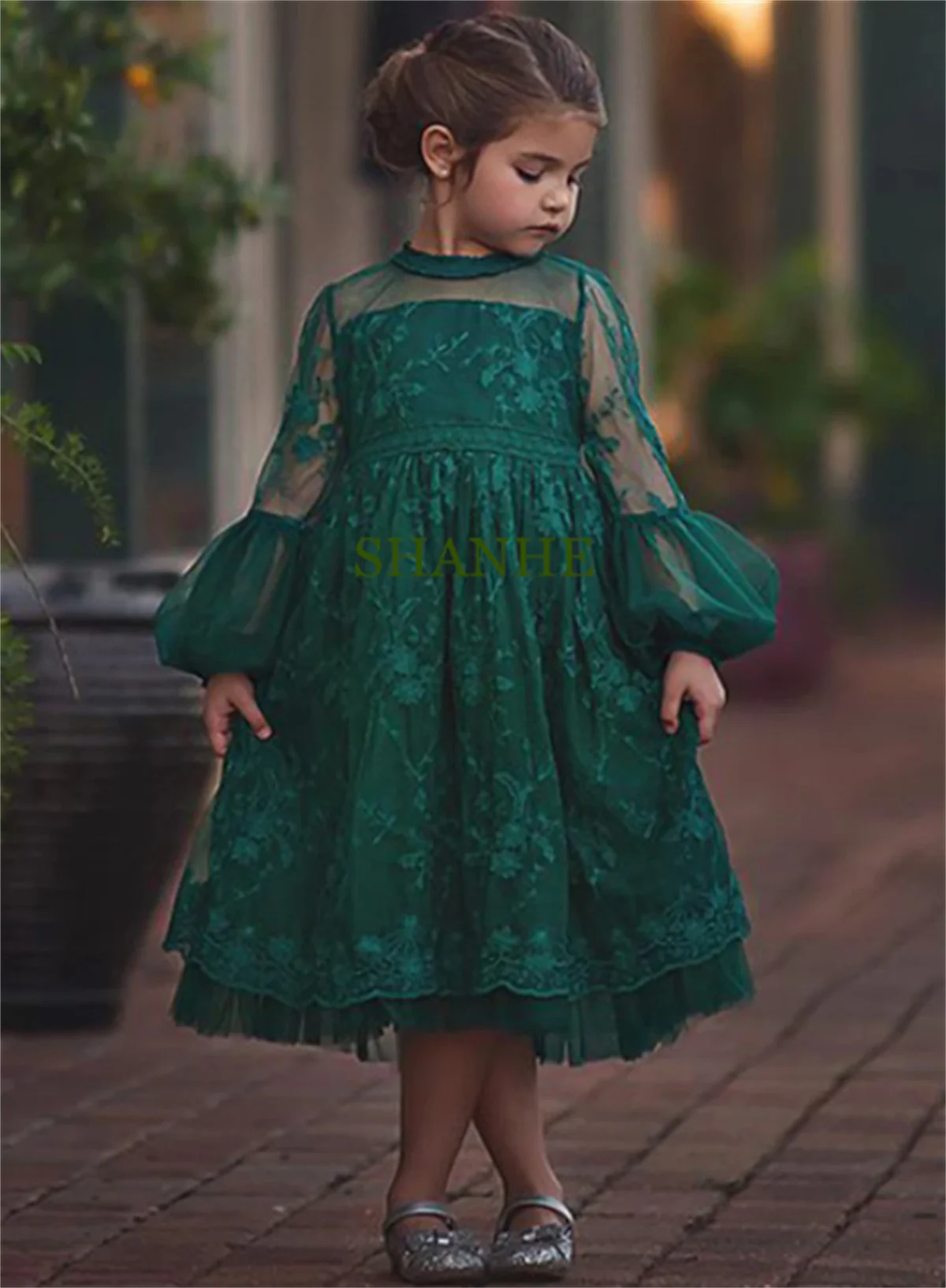 Green A-Line Flower Girl Dresses Wedding Pleat Tulle Appliques Simple Long Sleeve Tea-Length Beach Dress for Kids Party Dance