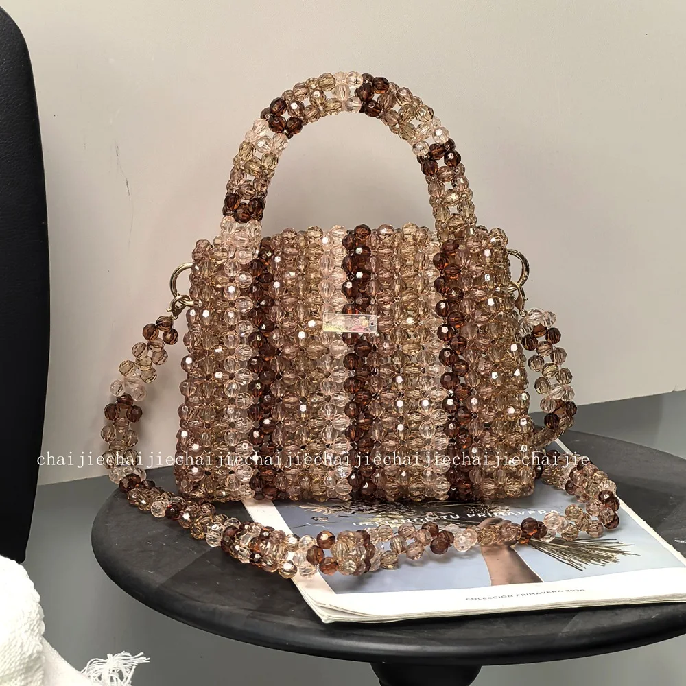 New Brown Striped Women's Bead Bags Fashion Handmade Woven Shoulder Small Square Bag Leopard Pattern Casual Fashion Handbag