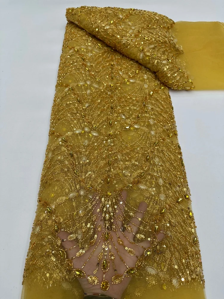 

High Quality Nigerian Beaded Lace Fabric 5 Yards African Sequins Embroidery Stones Heavy Lace For Wedding Party Dress Sewing