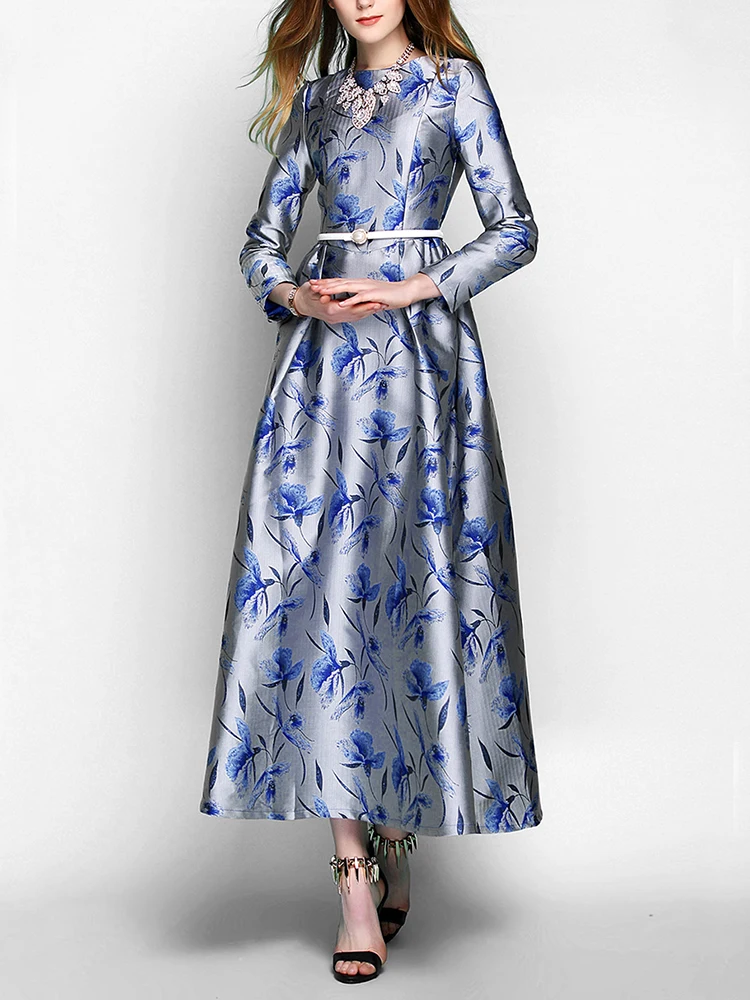 DEVCHATA Luxury Women Long Maxi Spring Jacquard Dress Elegant Party Dresses Long Sleeve Evening Clothing Floral Robe