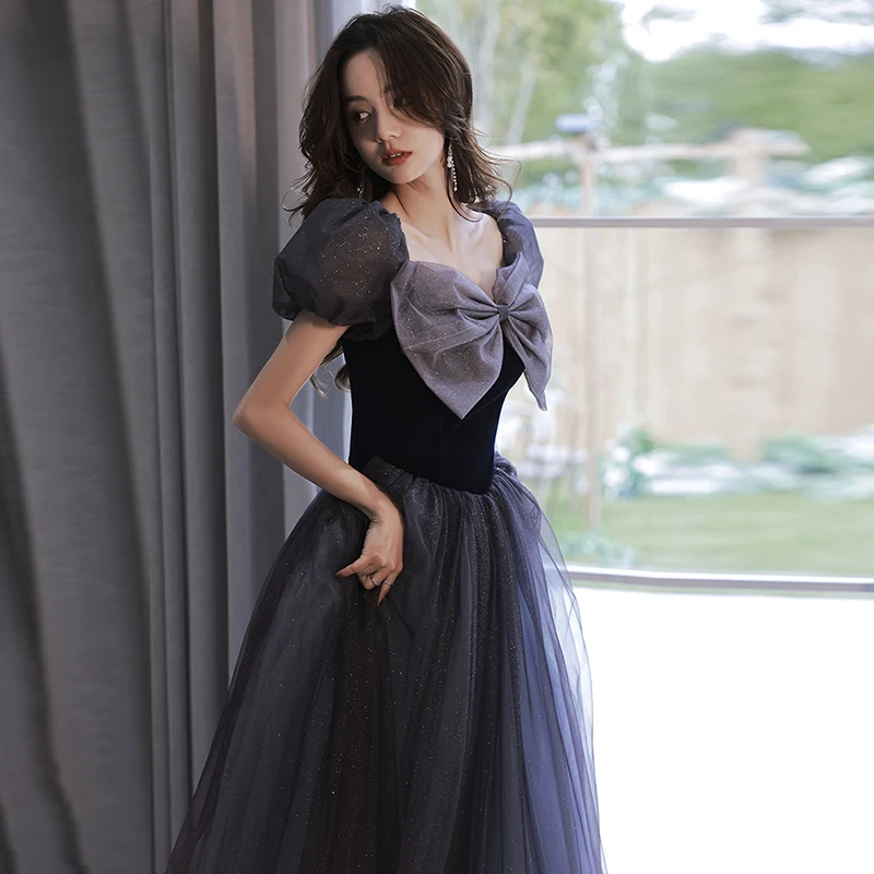 

J174 Dark Purple Cocktail Dresses Girl Square Collar Short Sleeve Tulle Prom Gown Bride Guest Wedding Party Dress With Bow