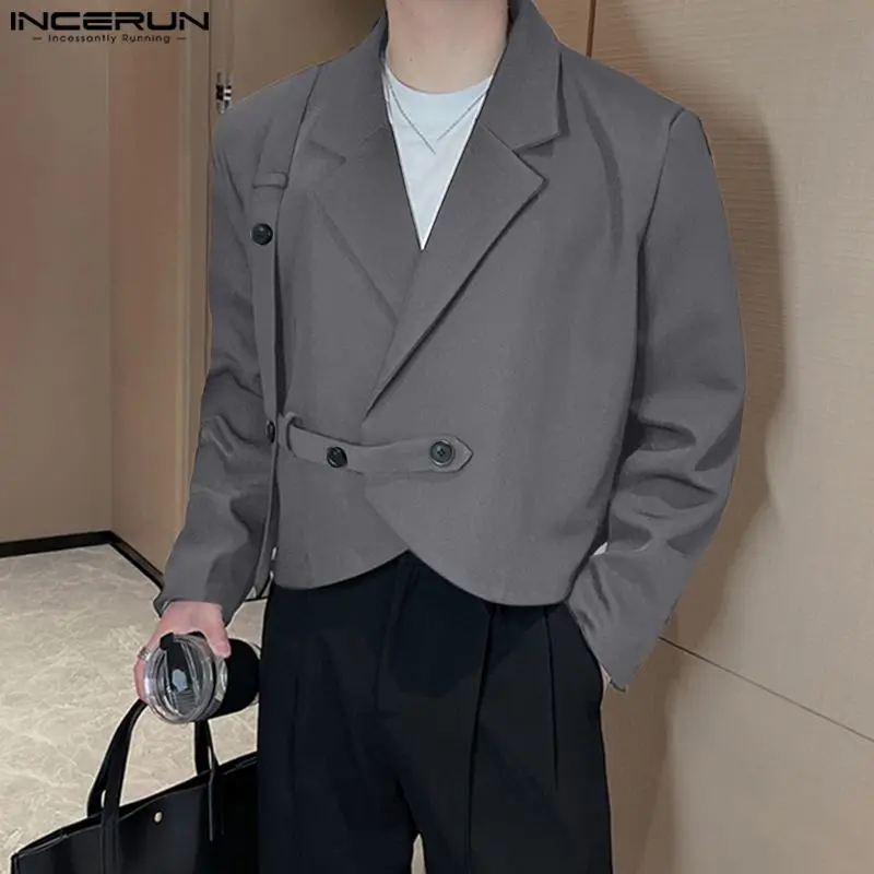 INCERUN Tops 2023 Korean Style Handsome Men Shoulder Pads Solid Cropped Blazer Casual Fashion Male Long Sleeved Suit Coats S-5XL