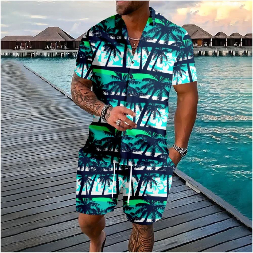 Hawaiiaanse palmboom kokospalm bloemen knop trainingspakken shirts shorts kleuren bloemen sets streetwear casual strand herenkleding