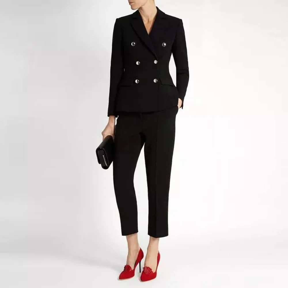 

Black Two Pieces Suit Set for Women Double Braested Notch Lapel Jacket Pants Sets Office Business Banquet Female Clothing